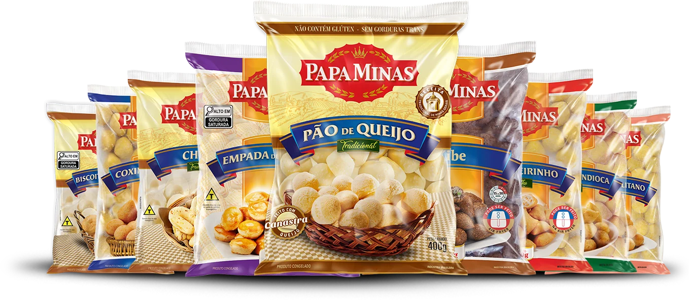 Linha de produtos congelados Papa Minas: pão de queijo, biscoitinho, chipa, coxinhas, empada, kibe, travesseirinho, bolinho de mandioca e bolinho napolitano