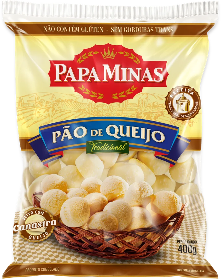 Embalagem Pão de queijo tradicional Papa Minas, 400 g e 1 kg